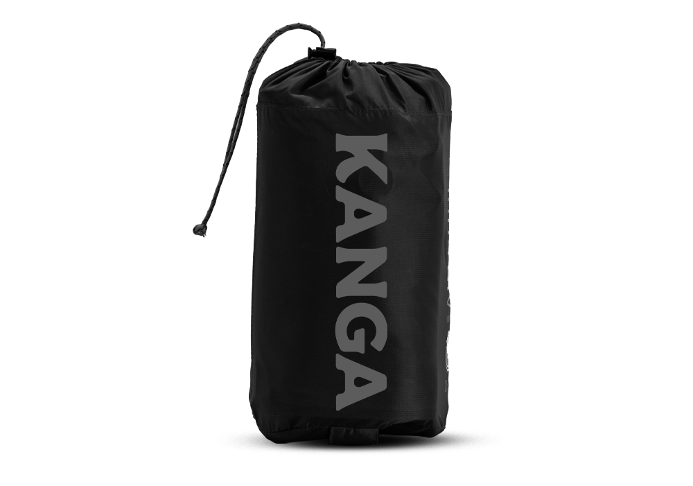 Black drawstring bag with 'KANGA' branding on a white background